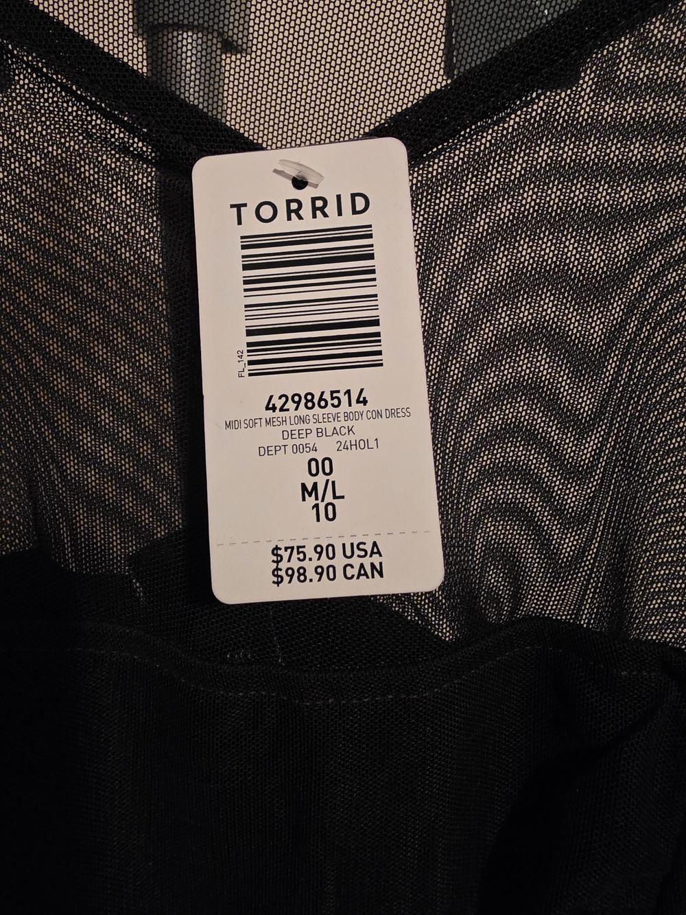 Torrid Deep Black Mesh Long Sleeve Bodycon Dress